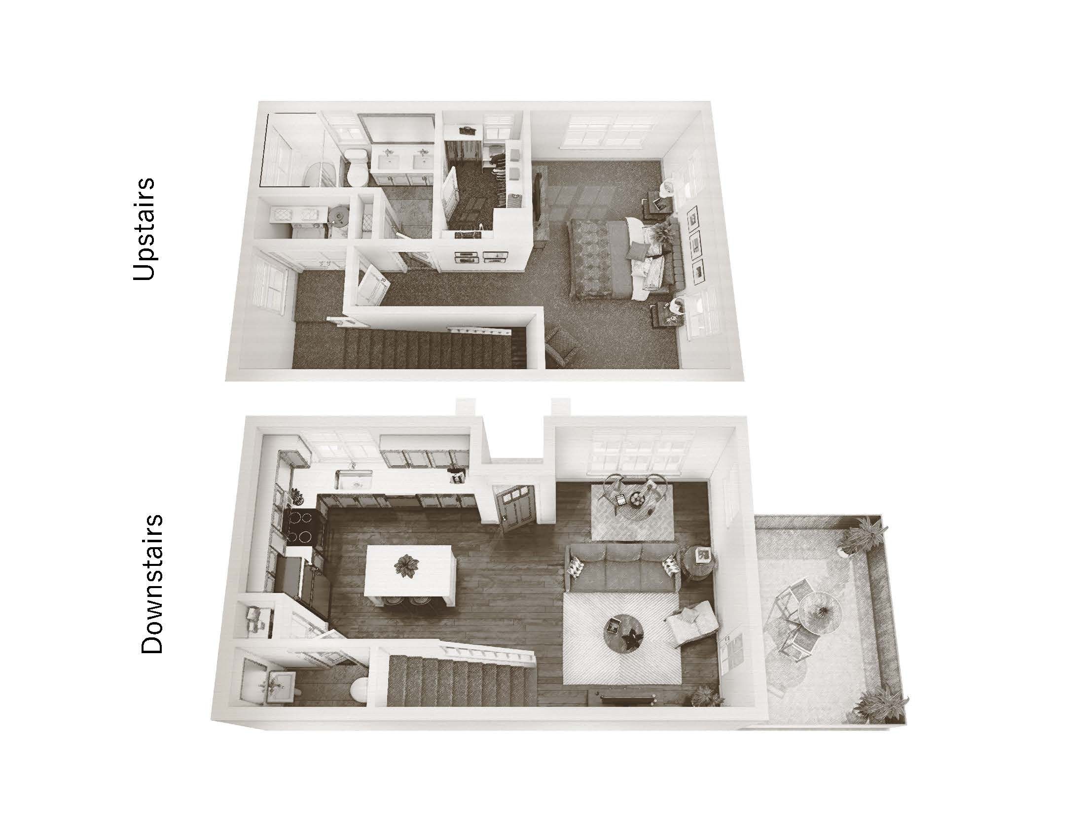 A black and white image of a house layout with upstairs and downstairs sections.